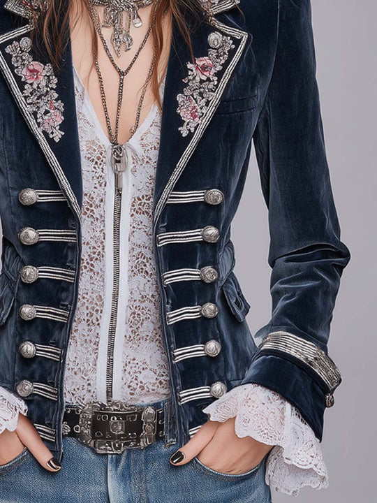 Vintage Military-style Floral Embroidered Polyester Velvet Blazer