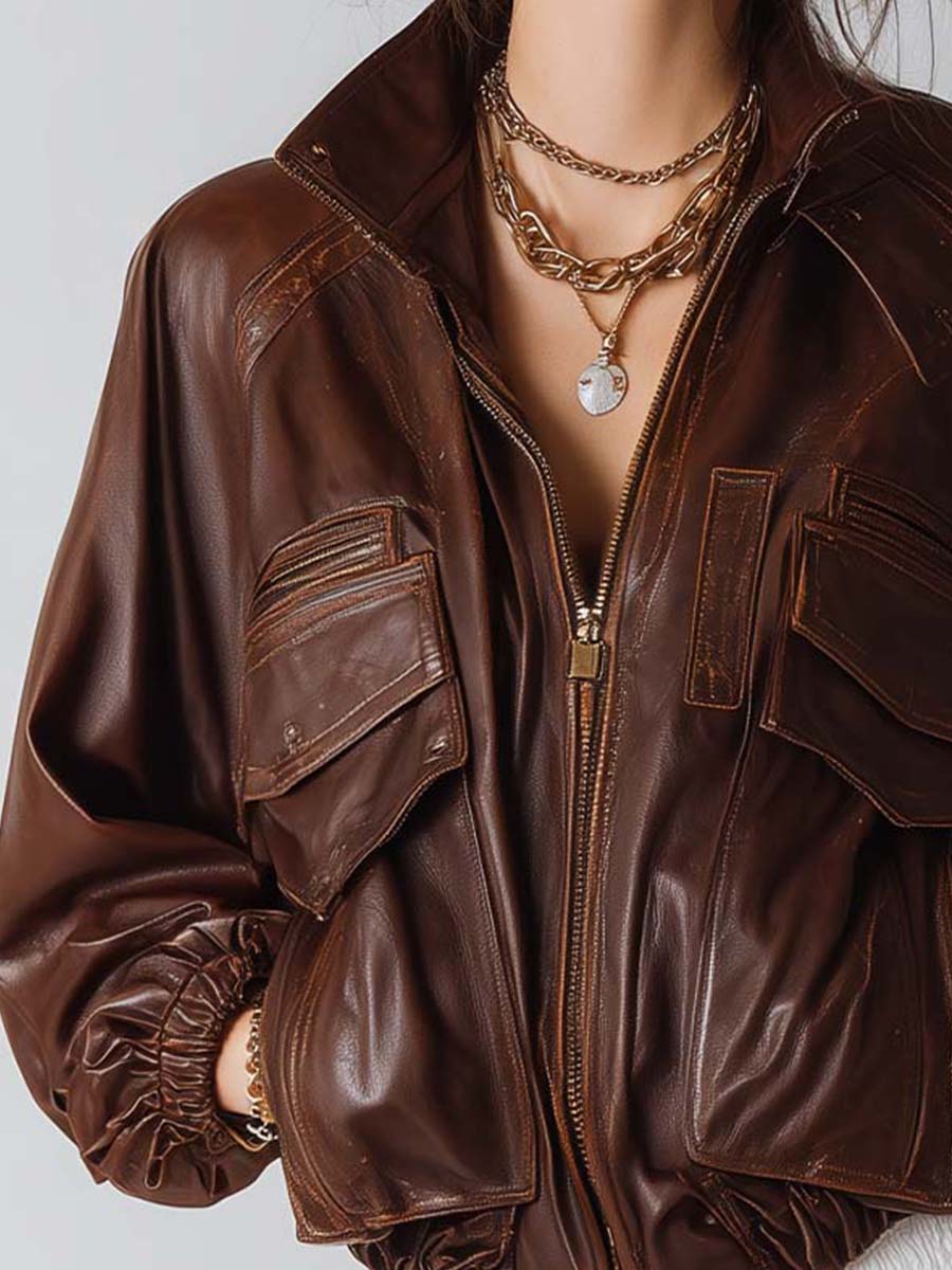 Boho Vintage Distressed Leather Cargo Jacket