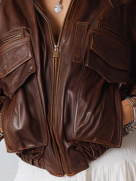 Boho Vintage Distressed Leather Cargo Jacket