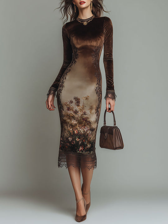 Elegant Round-neck Printed Velvet Midi Dress With Lace Trim