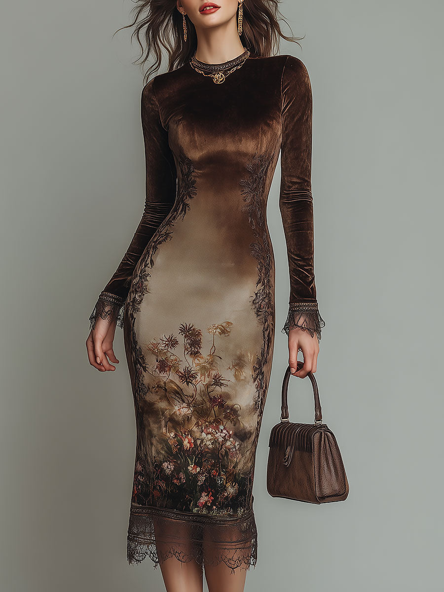 Elegant Round-neck Printed Velvet Midi Dress With Lace Trim