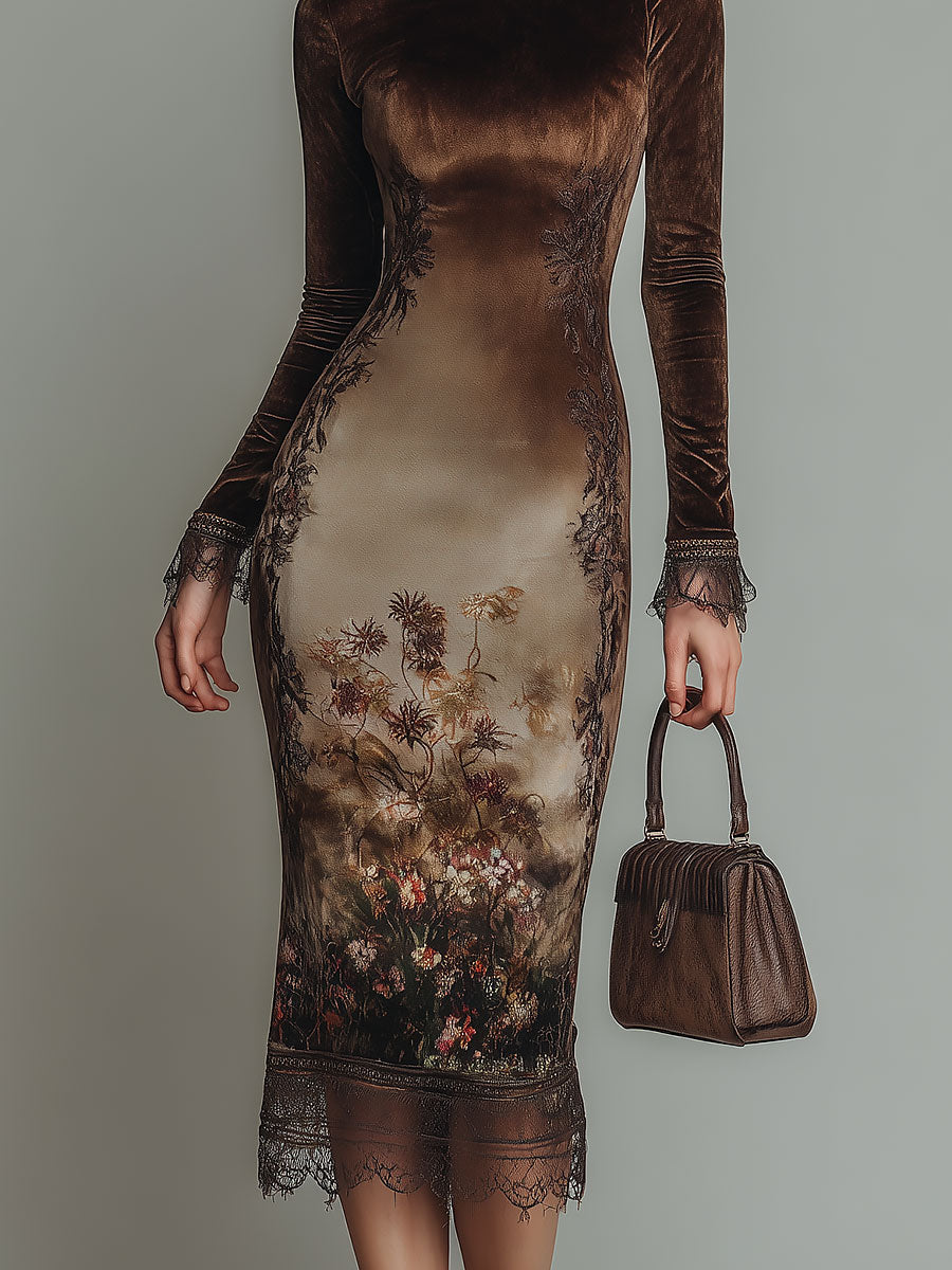 Elegant Round-neck Printed Velvet Midi Dress With Lace Trim