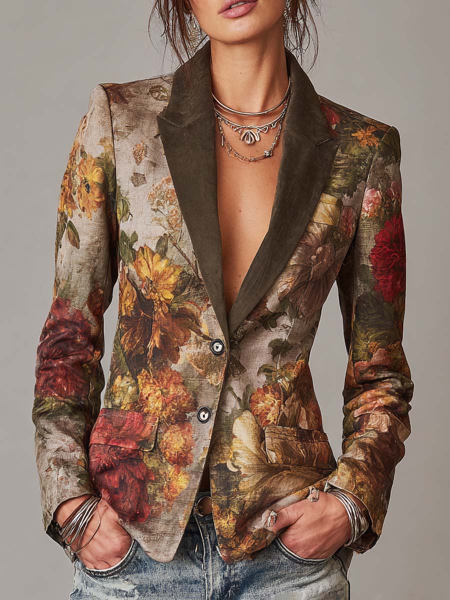 Vintage Floral Print Blazer with Contrast Collar Slim Fit Jacket