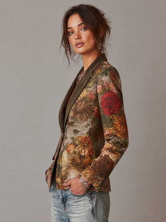 Vintage Floral Print Blazer with Contrast Collar Slim Fit Jacket