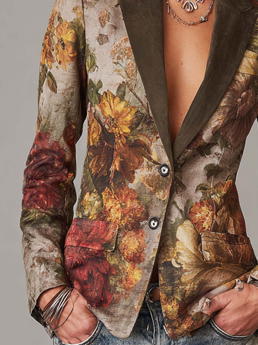 Vintage Floral Print Blazer with Contrast Collar Slim Fit Jacket