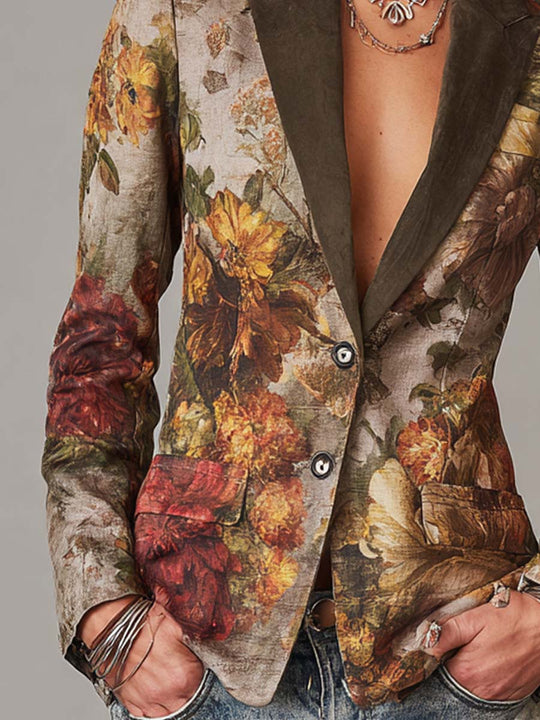 Vintage Floral Print Blazer with Contrast Collar Slim Fit Jacket