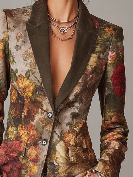 Vintage Floral Print Blazer with Contrast Collar Slim Fit Jacket