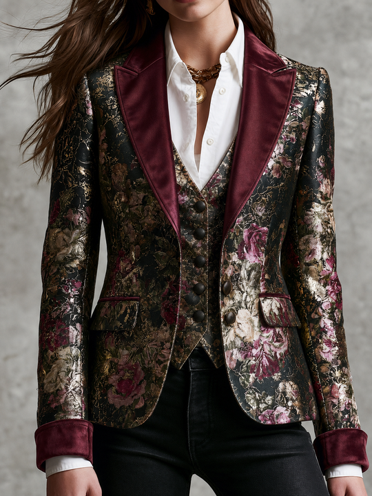 Vintage Baroque Floral Print Burgundy Velvet Trim Blazer