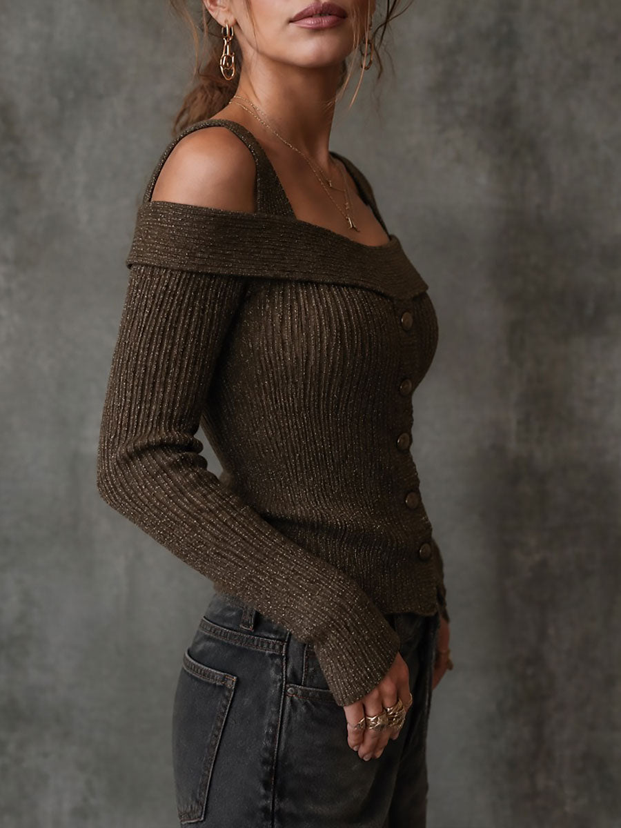 Retro Off-Shoulder Ribbed Knit Sweater With Button Front