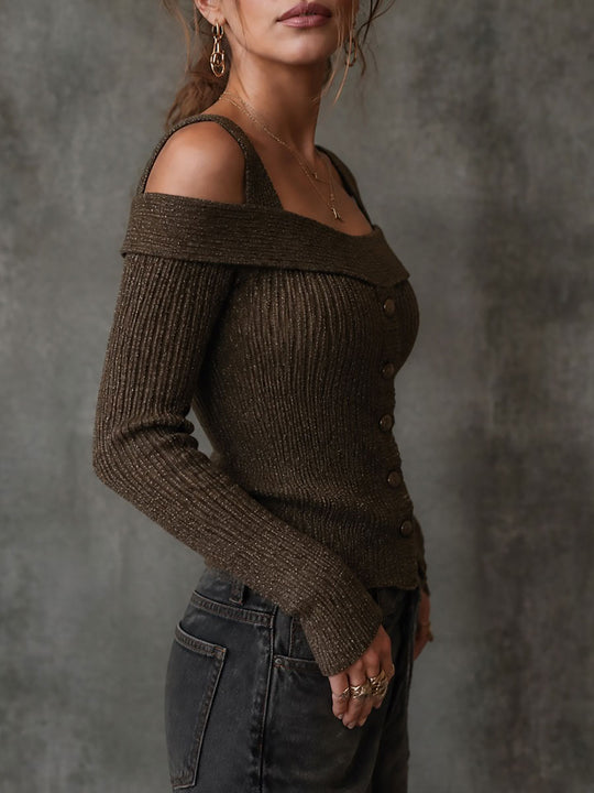 Retro Off-Shoulder Ribbed Knit Sweater With Button Front