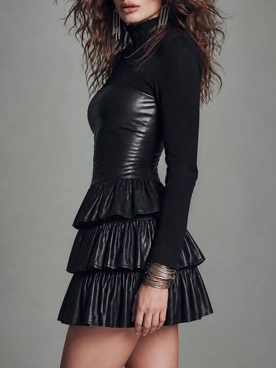 Boho Ribbed Long Sleeves Faux Leather Tiered Ruffle Mini Dress