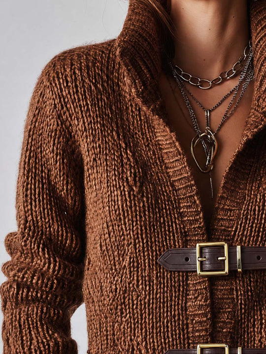 Vintage Brown Cable Knit Leather Buckle Jacket