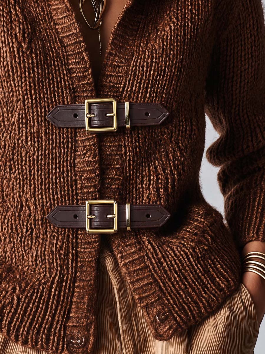 Vintage Brown Cable Knit Leather Buckle Jacket
