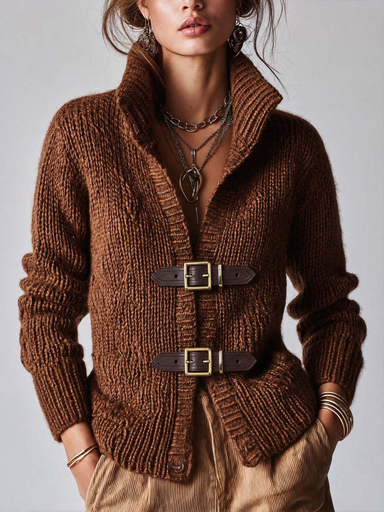Vintage Brown Cable Knit Leather Buckle Jacket