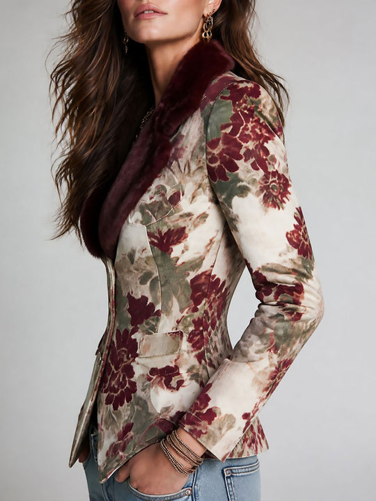 Retro Single-breasted Floral Print Slim-fit Blazer With Faux Fur Collar