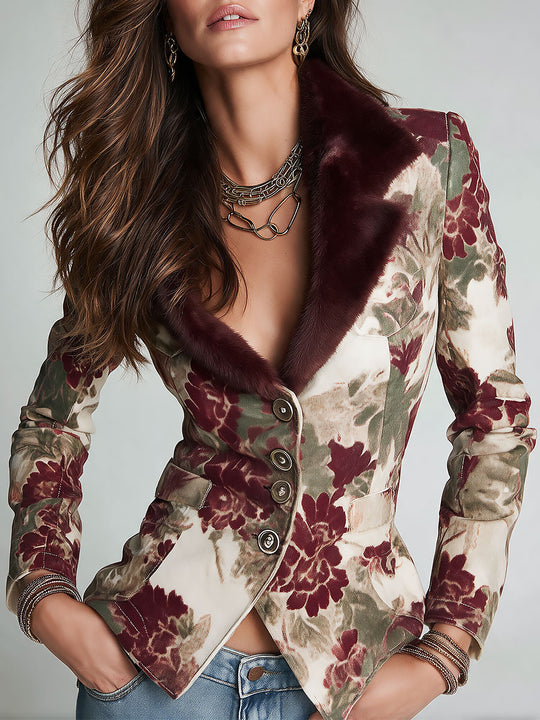 Retro Single-breasted Floral Print Slim-fit Blazer With Faux Fur Collar