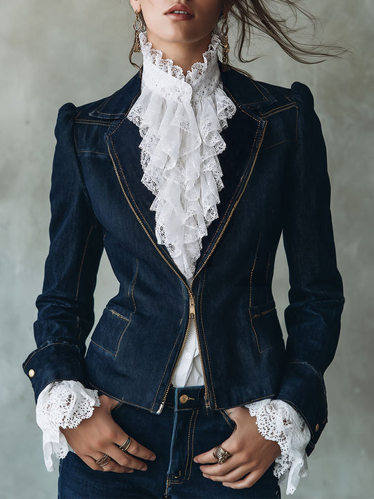 Vintage Lapel Collar Puff Sleeves Denim Jacket With Front Zip