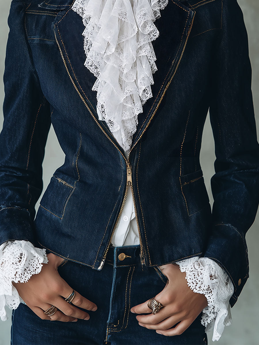 Vintage Lapel Collar Puff Sleeves Denim Jacket With Front Zip
