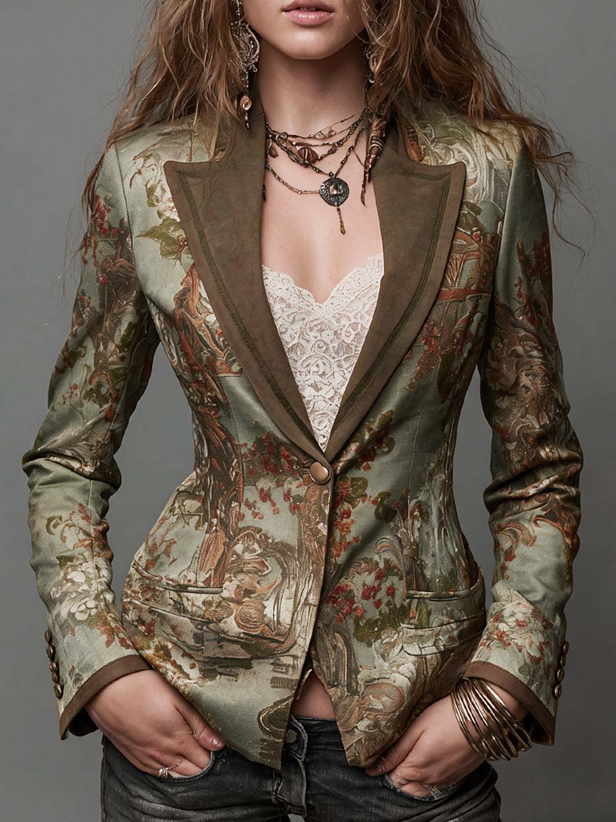 Vintage Floral Print Tailored Blazer With Suede Lapel