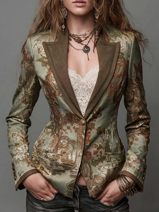 Vintage Floral Print Tailored Blazer With Suede Lapel