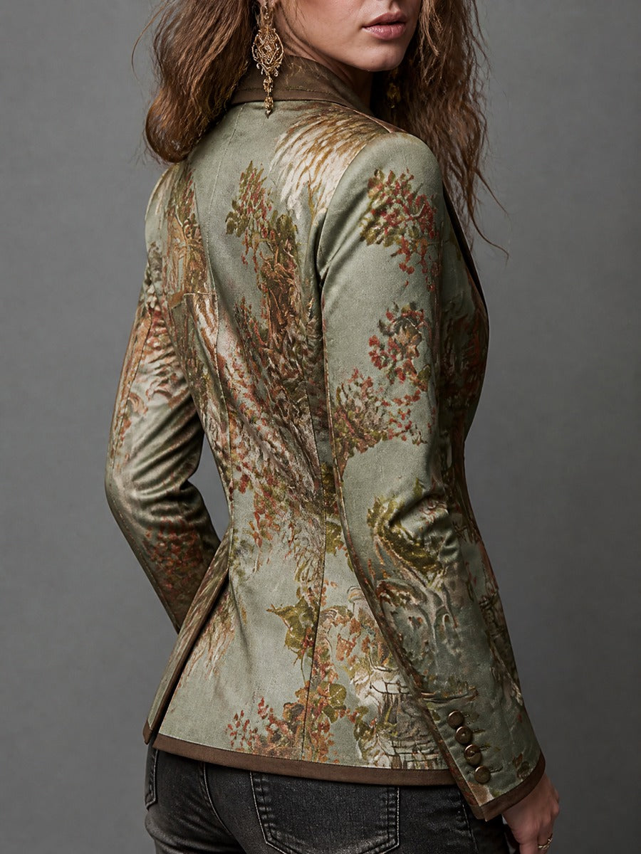 Vintage Floral Print Tailored Blazer With Suede Lapel