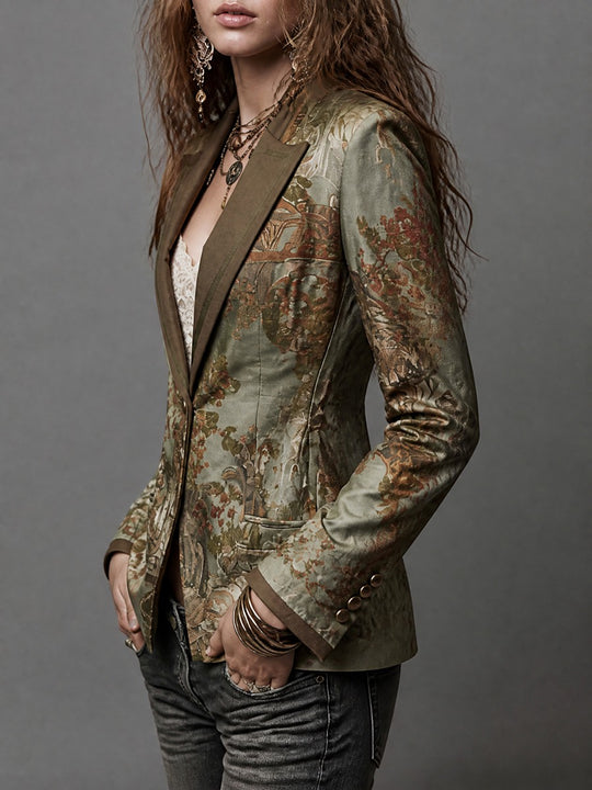 Vintage Floral Print Tailored Blazer With Suede Lapel