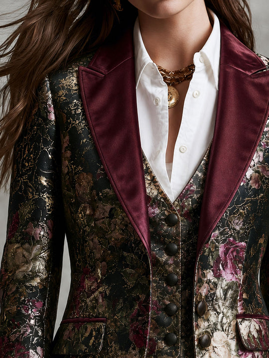 Vintage Baroque Floral Print Burgundy Velvet Trim Blazer