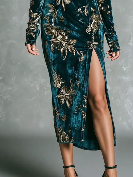 Vintage Luxury Teal Velvet Zip‑Front Midi Dress With High Slit