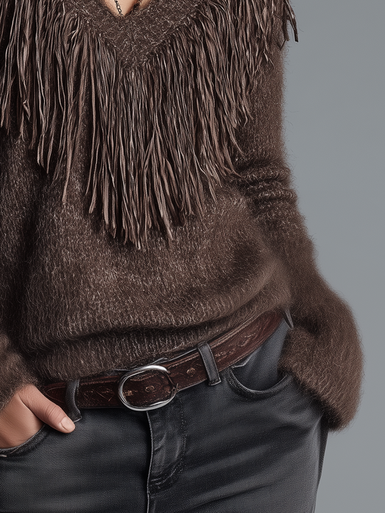 Bohemian Chocolate Brown Fringe V-Neck Knit Sweater