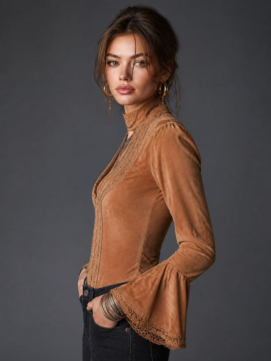 Vintage Faux Suede Lace-Trim Bell Sleeve Blouse with Choker Detail