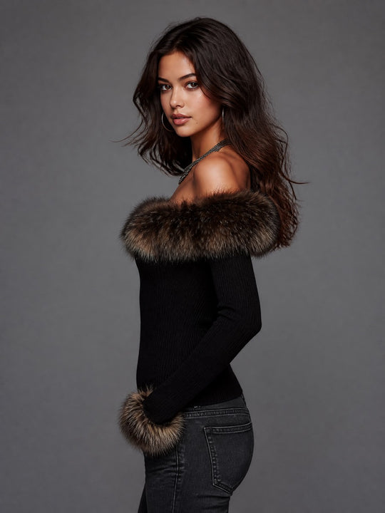 Retro detachable fur collar ribbed knit top