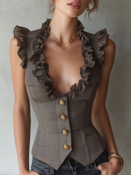 Elegant Houndstooth Slim-Fit Ruffle-Trim Vest