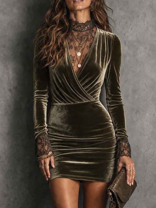 Vintage Velvet Wrap Mini Dress with Lace Mock Neck and Cuffs