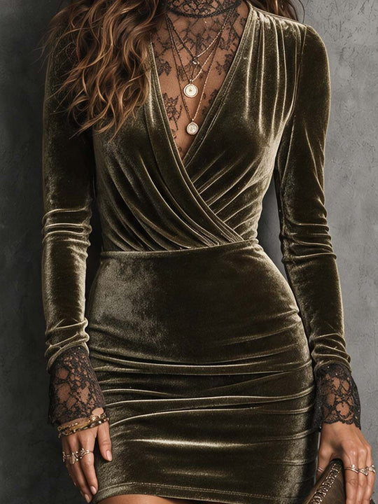 Vintage Velvet Wrap Mini Dress with Lace Mock Neck and Cuffs