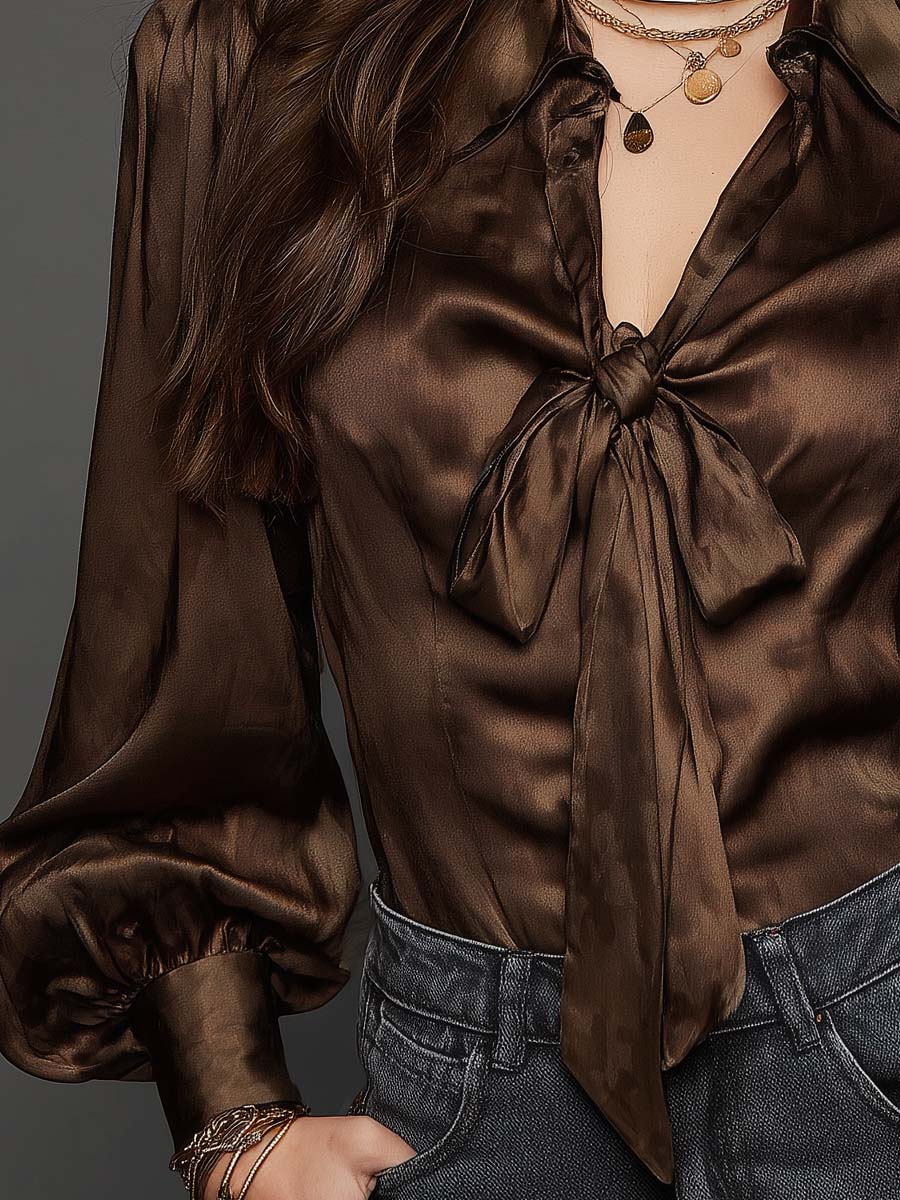 Vintage Satin Bow-Tie Neck Long Sleeve Blouse