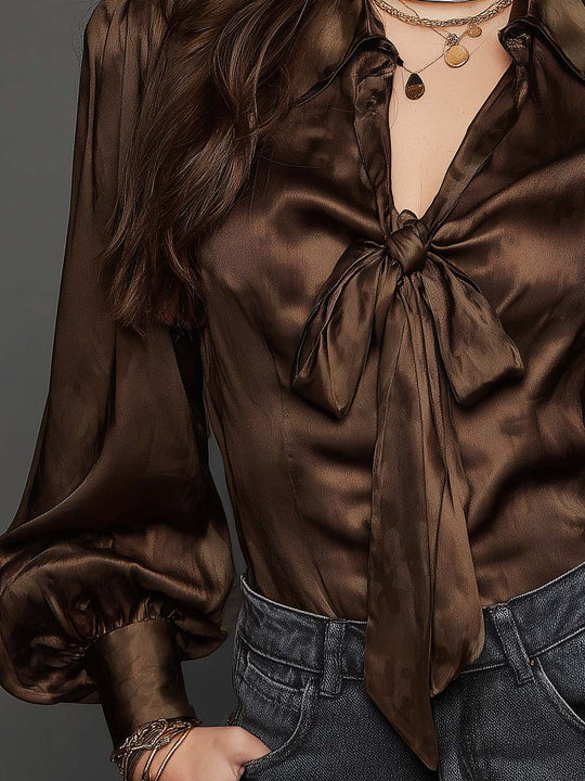 Vintage Satin Bow-Tie Neck Long Sleeve Blouse