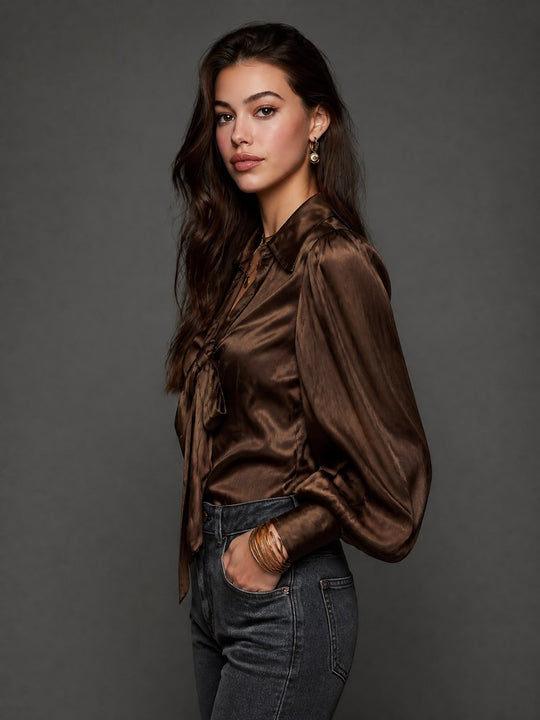 Vintage Satin Bow-Tie Neck Long Sleeve Blouse