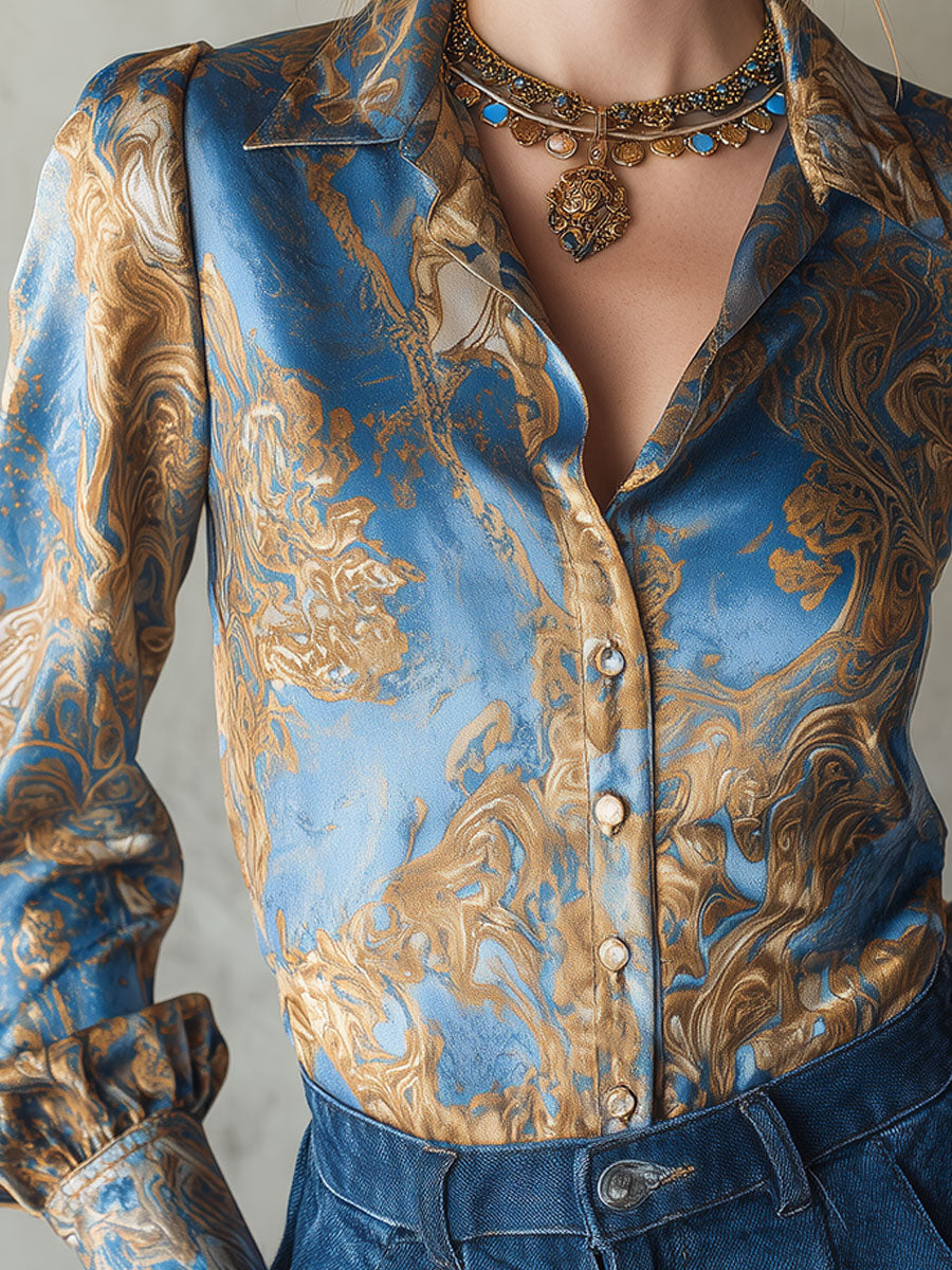 Quiet Luxury Shirt Collar Printed Satin Blouse With Button-detail