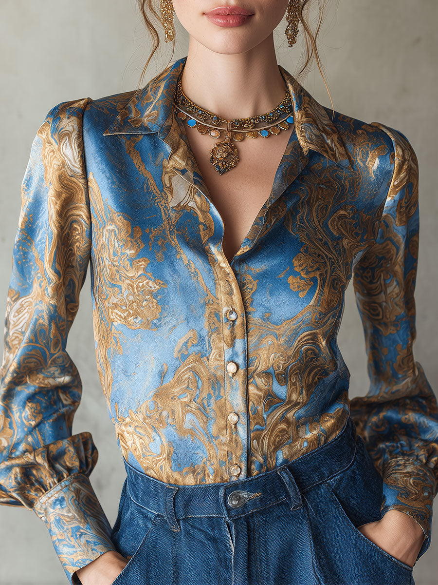 Quiet Luxury Shirt Collar Printed Satin Blouse With Button-detail