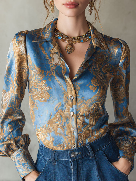 Quiet Luxury Shirt Collar Printed Satin Blouse With Button-detail