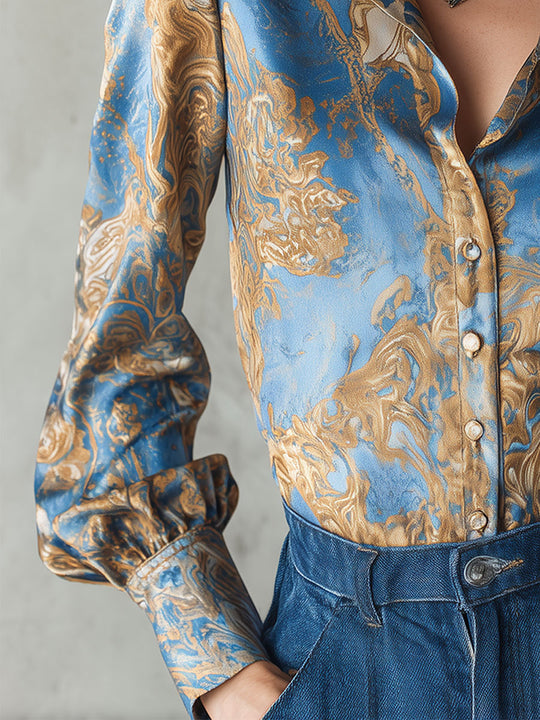Quiet Luxury Shirt Collar Printed Satin Blouse With Button-detail