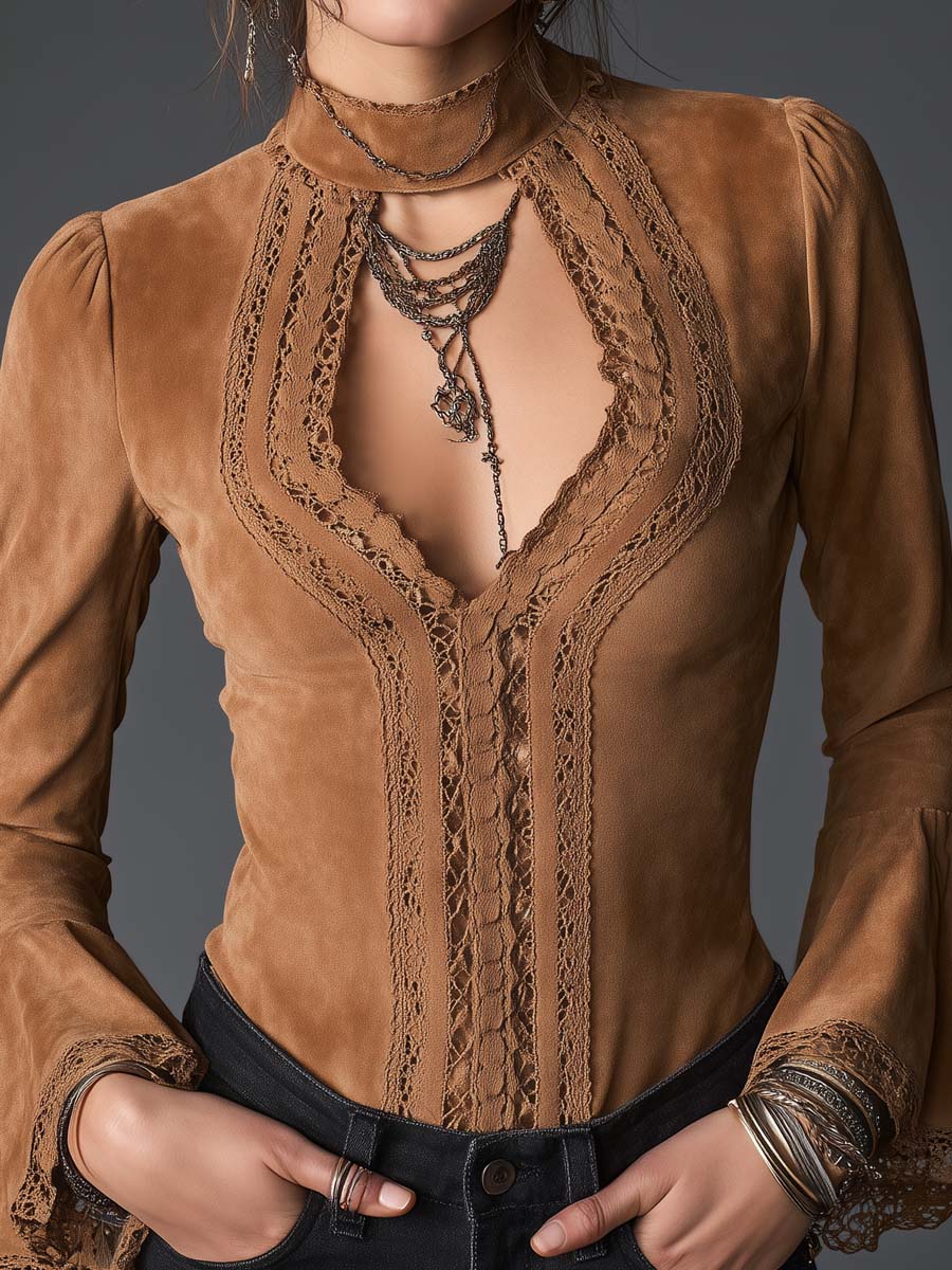 Vintage Faux Suede Lace-Trim Bell Sleeve Blouse with Choker Detail