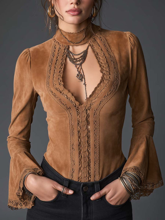Vintage Faux Suede Lace-Trim Bell Sleeve Blouse with Choker Detail