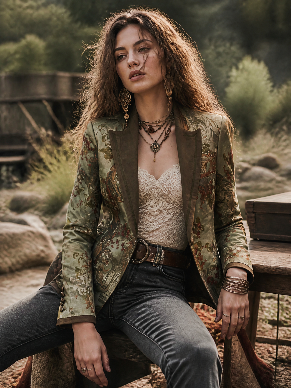 Vintage Floral Print Tailored Blazer With Suede Lapel