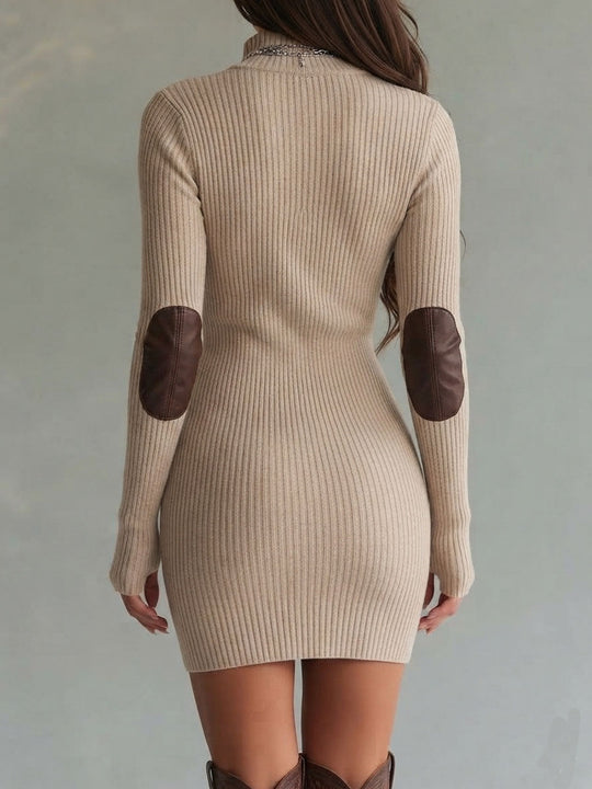 Retro Style Half Zipper Collar Oatmeal Beige Knit Dress
