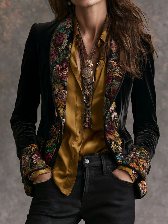 Boho Vintage Floral Print Velvet Tailored Jacket