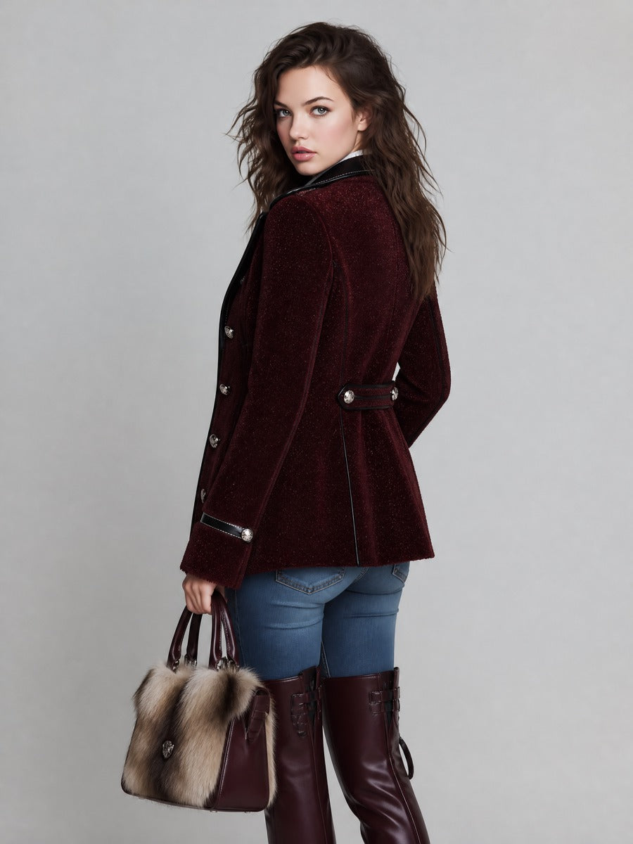 Women's Faux Leather Trim Double-Breasted Faux Fur Blazer
