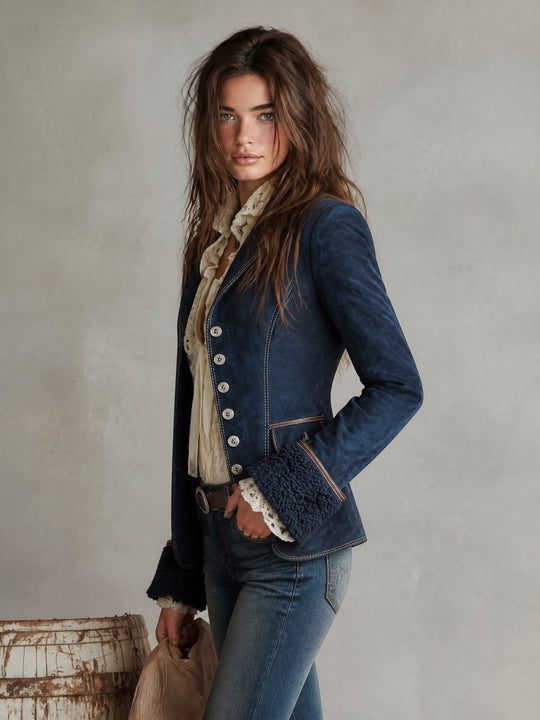 Vintage Eco-friendly Suede Faux Fur Cuffs Jacket