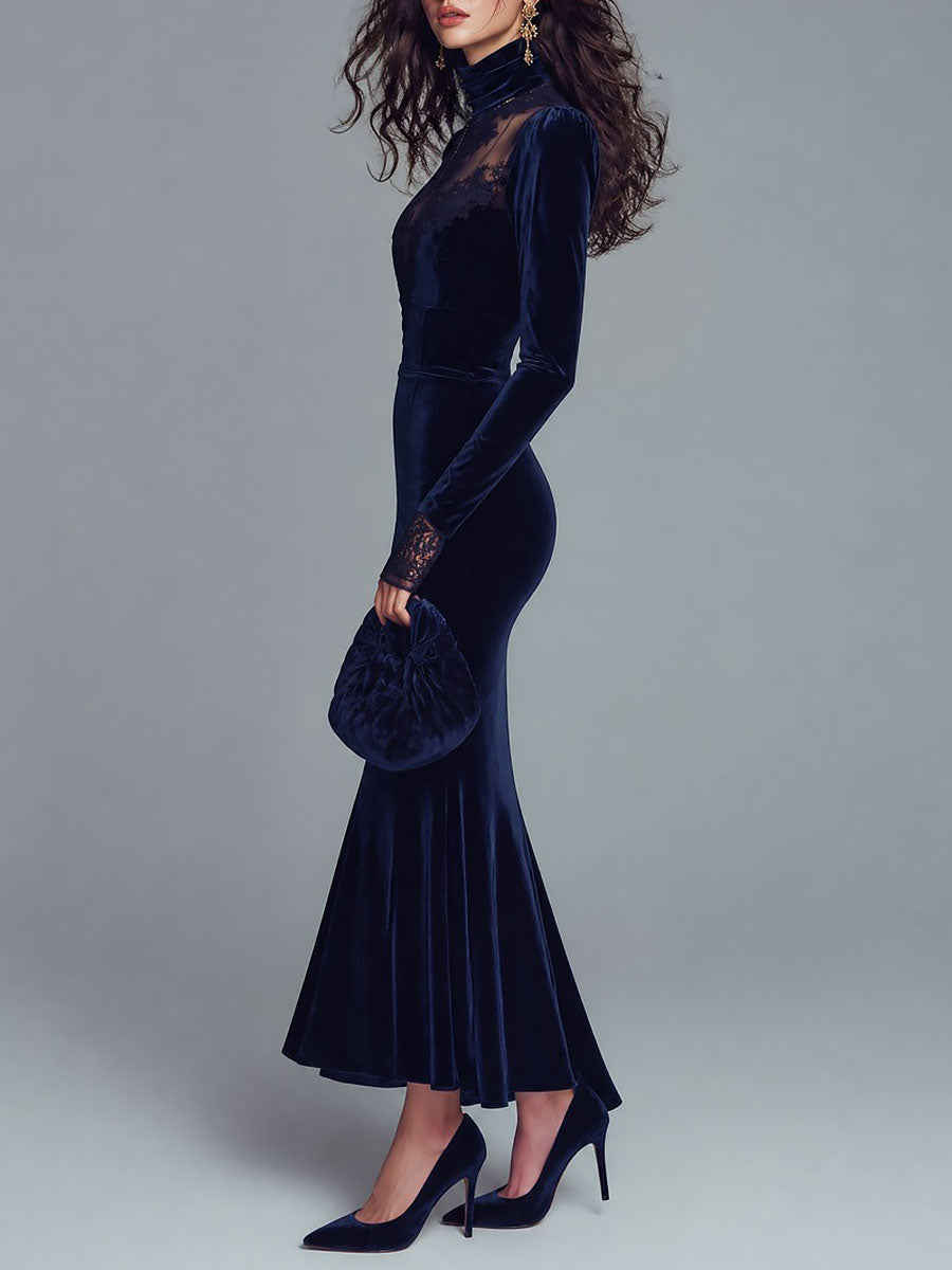 Elegant Velvet Lace-Trim Turtleneck Mermaid Maxi Dress