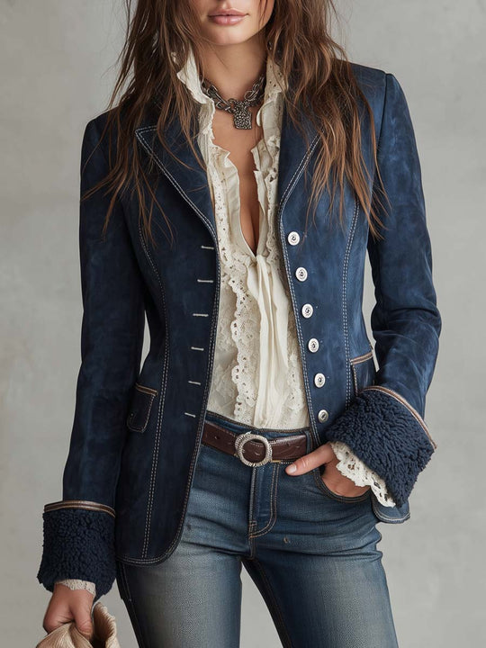 Vintage Eco-friendly Suede Faux Fur Cuffs Jacket